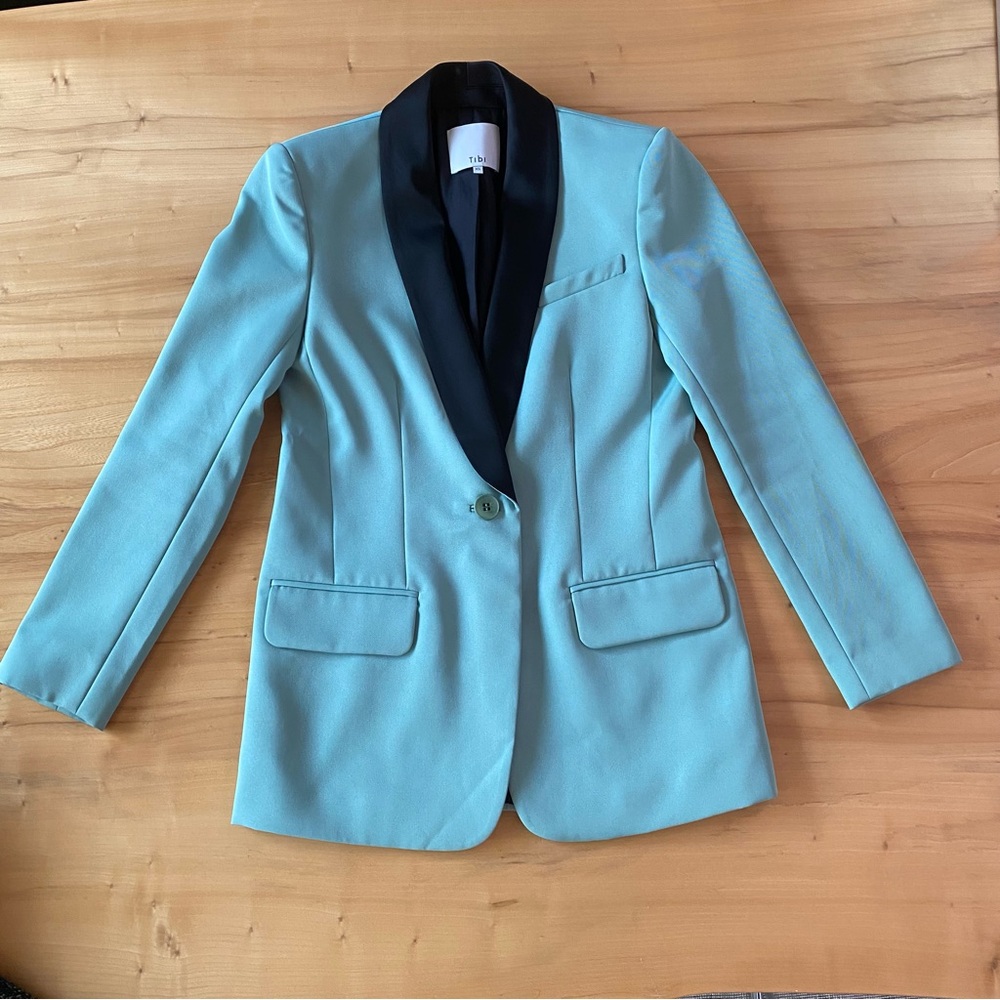 EUC Tibi Techy Twill Green Tuxedo Blazer with Black Lapel - Picture 5 of 7